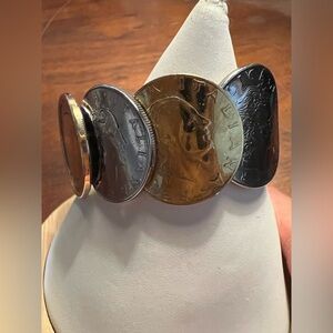 MILOR Signed 14KT Gold Sterling Italian Lira Coin Cuff Bracelet